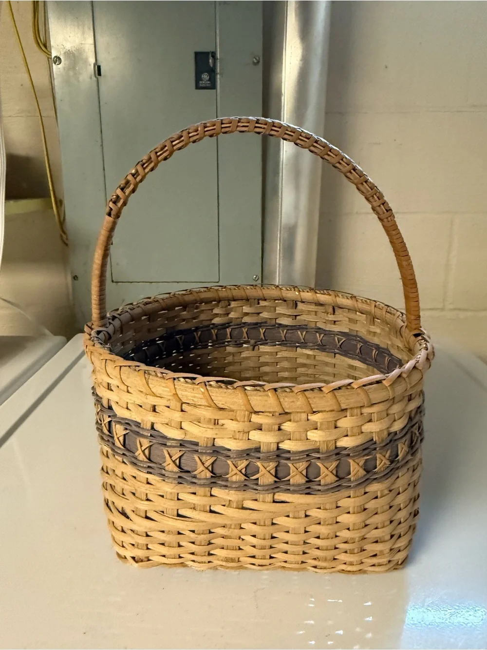 Vintage Hand Woven Basket with Blue Accents Rustic Country Farmhouse
